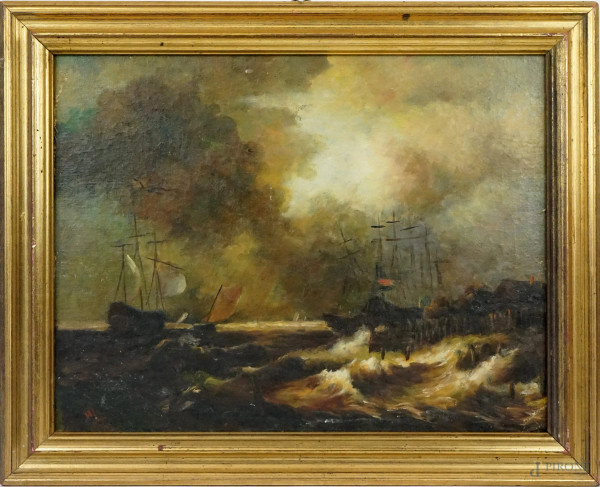 Velieri in tempesta, olio su cartone telato, cm 37x48, XX secolo, entro cornice.
