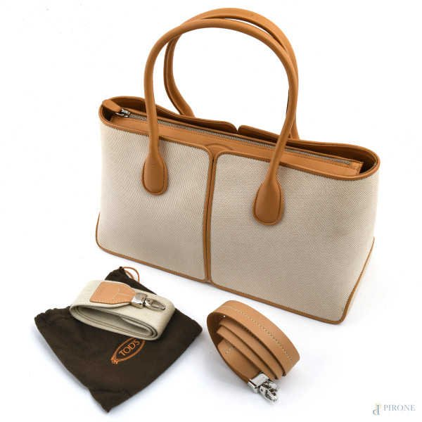 Borsa in tessuto e pelle Tod's con doppia tracolla, cm 20x34,5x14