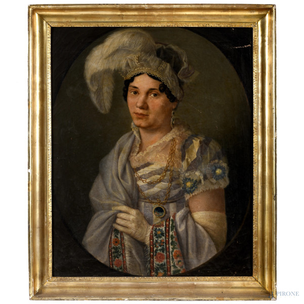 Ritratto di nobildonna, XIX secolo olio su tela, cm 75,5x60,5 entro cornice, (difetti)
