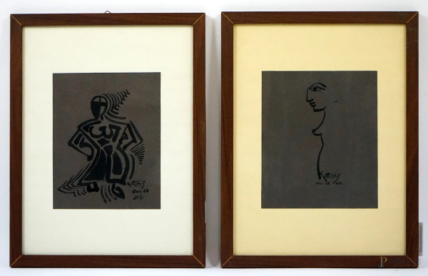 Figure femminile, due multipli su carta, cm 23x19,5, firmate e datate, entro cornici