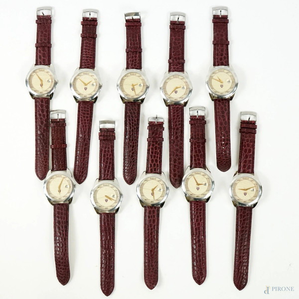 Torino Football Club, dieci orologi da polso da uomo, cinturino bordeaux in cuoio, lunghezza cm 24,5, (segni del tempo, meccanismo da revisionare).