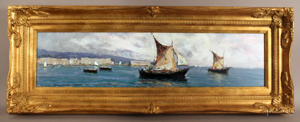 Marina con imbarcazioni, olio su cartone, cm. 20x80, firmato, entro cornice.