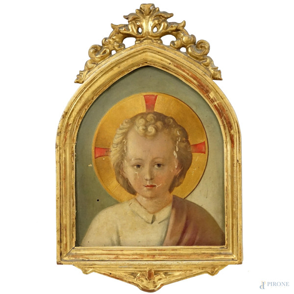 Pittore del XIX secolo, Cristo Bambino della Madonna delle Ombre, olio su tavola, cm 24,5x21, entro cornice