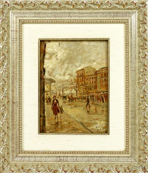 Strada con figure, olio su tavoletta, firmato in basso a destra Migliaro, cm 20,6x15,2, entro cornice