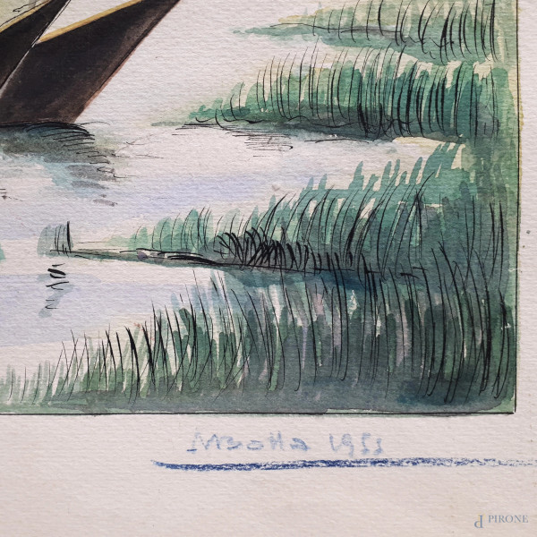 Cascina sul lago, acquarello su carta degli anni 50, cm 35x49, firmato e datato