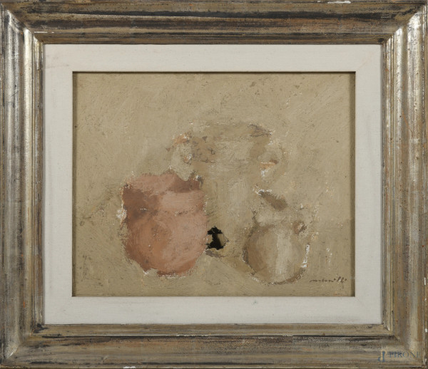 Natura morta di vasi, XX secolo, acrilico su tela, cm 39x50, firmato in basso a destra, entro cornice, (segni di usura, lacuna, grave lacerazione)