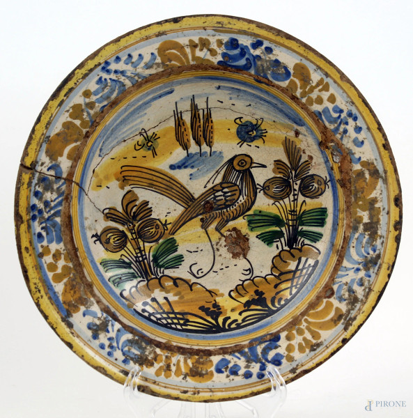 Piatto in maiolica policroma del XVII secolo, tesa decorata a motivi vegetali e volatile nel cavetto, diam. cm 28, (difetti e restauri)