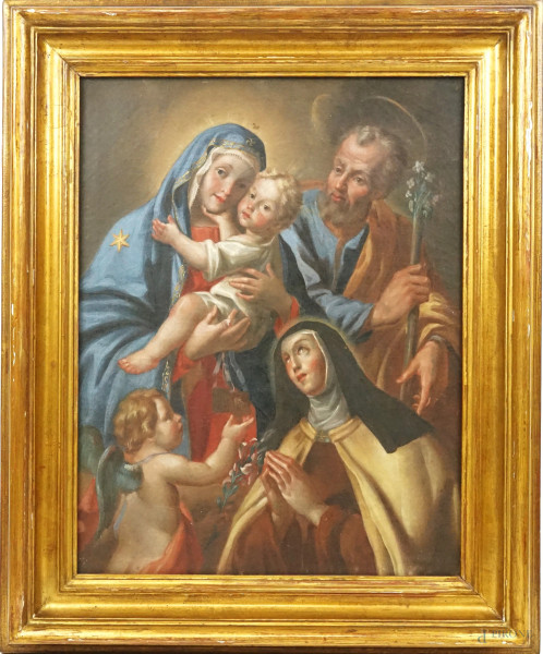 Pittore del XIX secolo, Sacra Famiglia con Santa Teresa, olio su tela, cm 47x36, entro cornice.