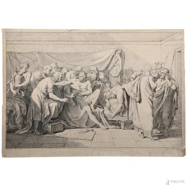 La morte del filosofo, XIX secolo, incisione su carta, cm 37x53, (segni di usura, tracce di umidità, gore, foxing, lacerazioni della carta, tracce di piegatura)