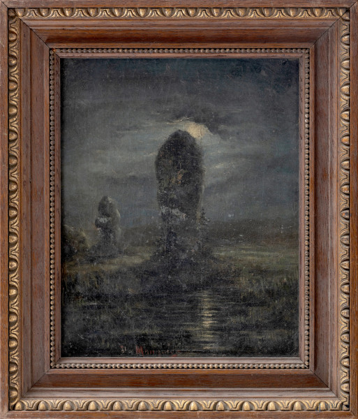 Notturno, XIX secolo, olio su cartone, cm 26x21, firmato in basso, entro cornice, (craquelure, abrasioni, sollevamenti di colore)
