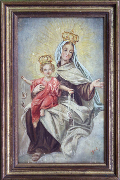 Madonna con bambino, olio su tavola datato 1945, cm 31 x 19, entro cornice.