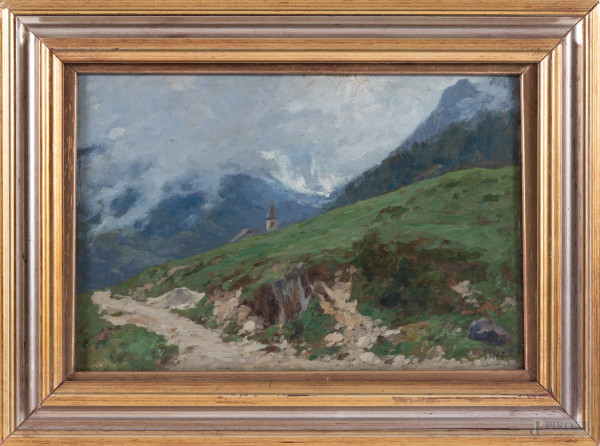 Giovanni Salviati (1881-1951), Paesaggio montano, XX secolo, olio su tavoletta, cm 21x31, firmato in basso a destra, entro cornice