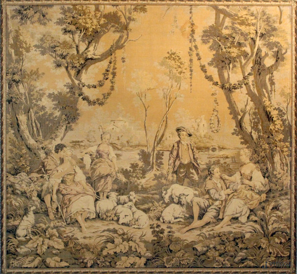 Arazzo a soggetto di paesaggio con figure e gregge, 198x184 cm.