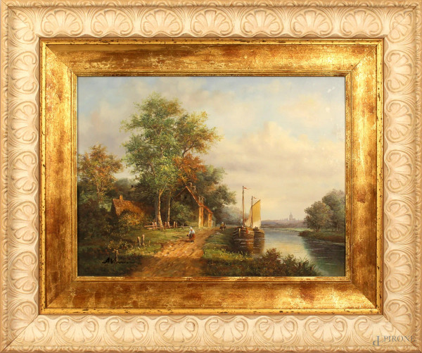 Paesaggio fluviale con imbarcazioni, olio su tavola, cm. 30x40, firmato, entro cornice.