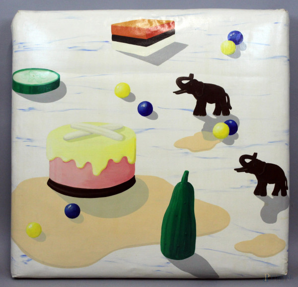 William  Sweetlove - Cuscino - torta, cetrioli e due elefanti, olio su tela, cm 80x80x10, 1998