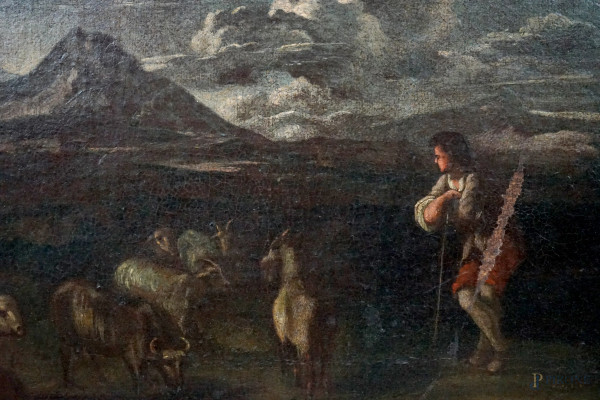 Scuola romana del XVII-XVIII secolo, Paesaggio con pastore con armento, olio su tela, cm 31x47, e...