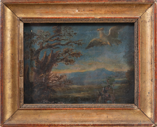 Paesaggio con aquila in volo, XIX secolo, olio su tela applicata su cartone, cm 24x31, entro cornice, (segni di usura, ondulazioni, piegature, cadute di colore, abrasioni)