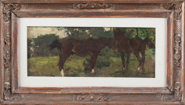 Cavalli al pascolo, XX secolo, olio su cartone telato, cm 16,5x40, firmato in basso a sinistra, entro cornice