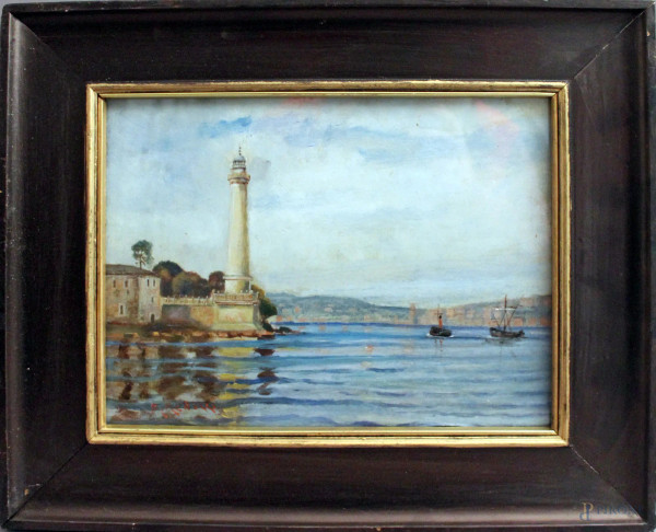 Porto di Livorno, olio su cartone firmato, cm 22 x 29, entro cornice.