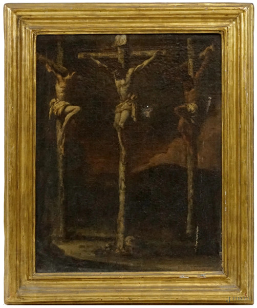 Pittore del XVII secolo, Crocifissione, olio su tela, cm 45x35,5, entro cornice, (difetti).