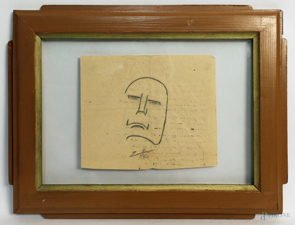 Nino Za - Volto di Mussolini, disegno a matita su carta con scrittura a tergo, cm 18,5 x 21,5, entro cornice.