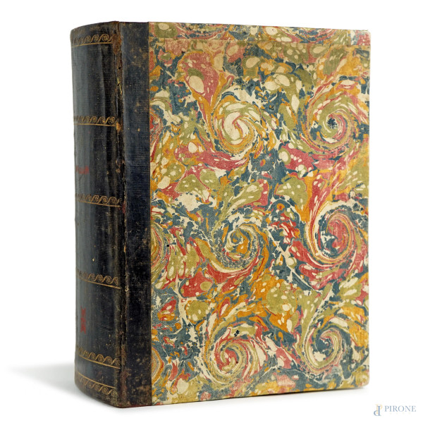 Cofanetto a forma di libro, legno rivestito con carta colorata e laccata, cm h 12x32,5x24,5, XX secolo, (difetti).