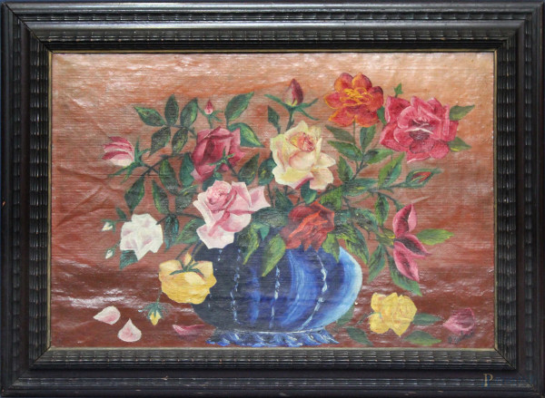 Natura morta, Vaso con fiori, olio su tela firmato, cm 38 x 56, entro cornice.