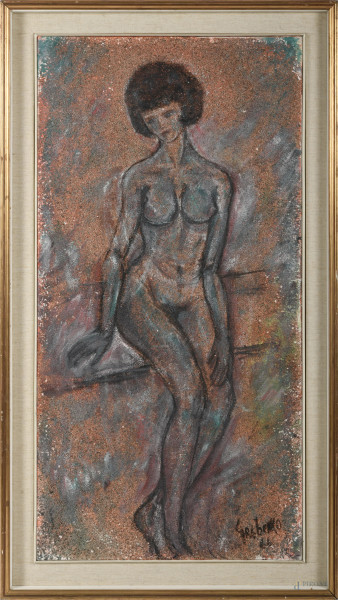 Nudo di donna, tecnica mista su tela, firmato, cm 100x50, entro cornice