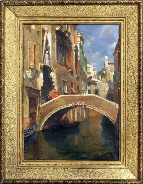 Scorcio di Venezia, olio su tela, cm. 50x37, firmato Rubens Santoro, entro cornice.