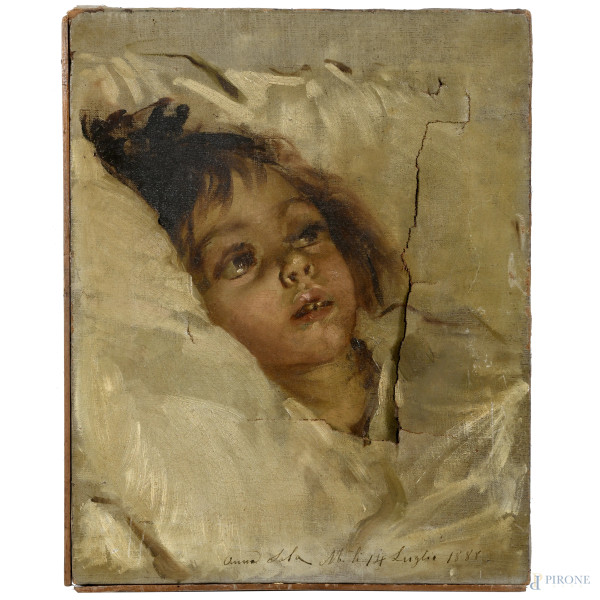 Fanciulla distesa, olio su tela, cm 34x27, iscritto e datato 