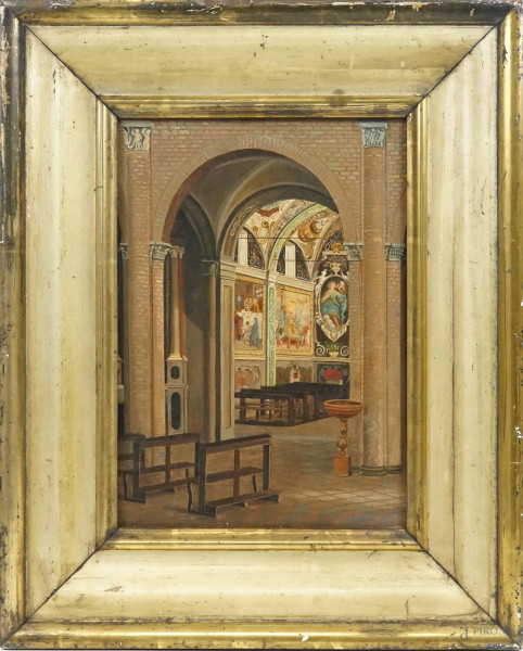 Chiesa di S. Croce a Parma, bozzetto ad olio su tavola, cm 38x30, firmato a tergo,  entro cornice.