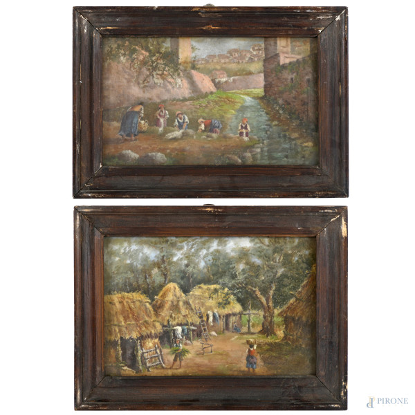 Lotto di due dipinti con scene di vita quotidiana del villaggio, olio su cartone, cm 22x33 entro cornice, firmati in basso