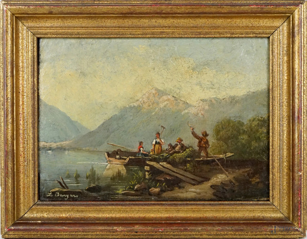 Paesaggio montano con figure, olio su tela, cm 25,5,x36, firmato L.Bazzaro, entro cornice.