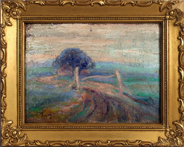 Paesaggio con albero, olio su cartone, cm. 17x24, firmato, entro cornice.