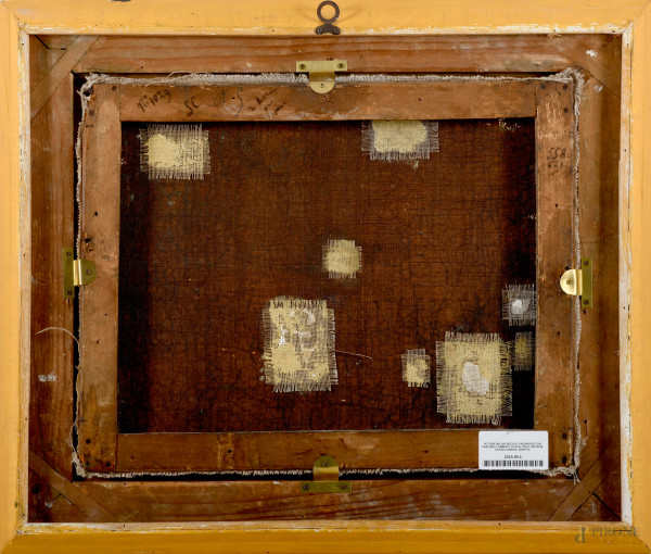 Pittore del XIX secolo, Paesaggio con pastore e armenti, olio su tela, cm 32x39 entro cornice, (d...