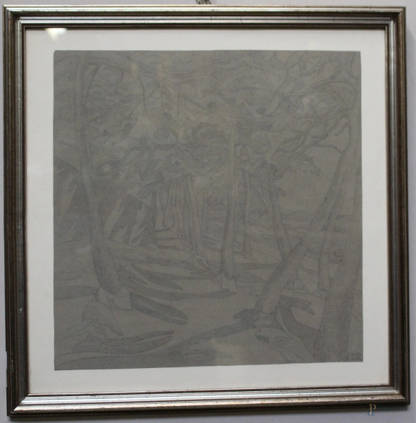 Benvenuto Ferrazzi - Paesaggio boschivo, disegno a matita datato 08/02/1929, cm 33 x 32, entro cornice.