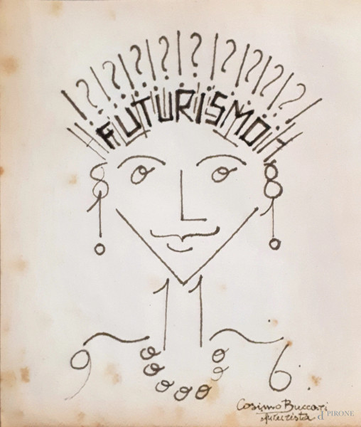 Futurismo italiano, Ritratto di donna composto da parole in libertà futuriste, XX sec., inchiostro bruno su carta, cm 17x15, firmato “Cosimo Buccari Futurista” in basso a destra
