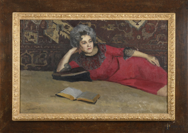 Ritratto di signora, XX secolo, olio su tela, cm 65x103, firmato in basso a sinistra, entro cornice, (segni di usura, abrasioni, cadute di colore)