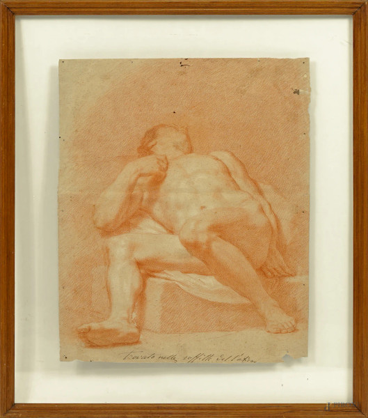 Nudo maschile disteso, sanguigna su carta filigranata, XVIII secolo, cm 47x38, entro cornice