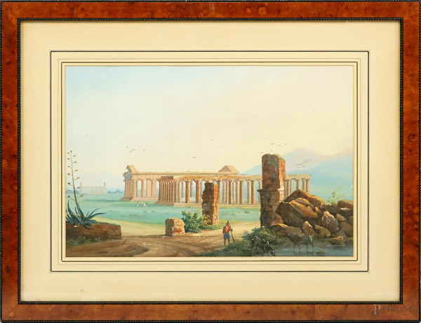 Il Tempio di Paestum, acquarello su carta, cm 55x73, XX secolo, entro cornice.