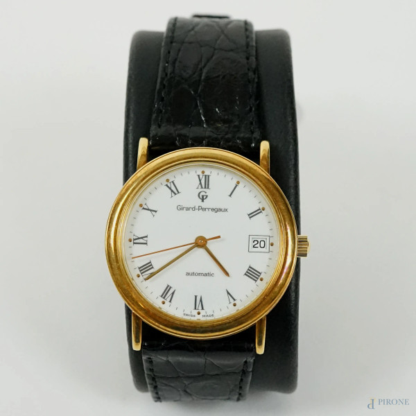 Girard-Perregaux, orologio da polso con cassa in oro 18 KT, cinturino in pelle nera, entro scatola in legno con garanzia.