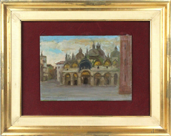 Basilica di San Marco, olio su tavoletta, cm 20x28, firmato, entro cornice