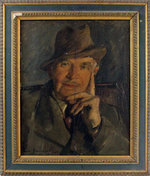 Uomo con cappello, olio su tavola, cm 48x38, firmato e datato, entro cornice, (difetti).