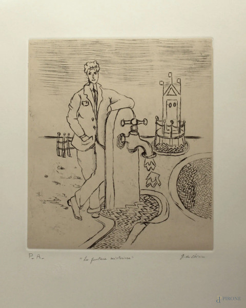 Giorgio De Chirico - La fontana misteriosa, prova d'autore 70x50 cm