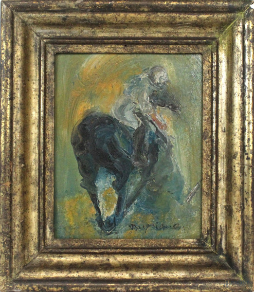 Fantino a cavallo, olio su tela riportata su faesite, cm 26,5x21,5, firmato, entro cornice.