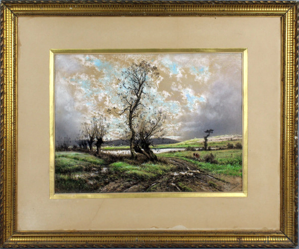 Carlo Pittara - Paesaggio con alberi e mucca , pastello su carta 28x37, entro cornice.