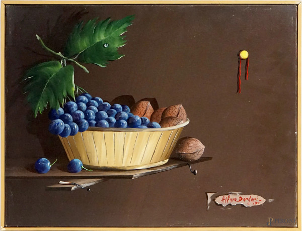 Alfano Dardari - Cesta di frutta-Tromple-l'oeil, olio su tela, cm 30x40, firmato e datato in basso a destra "Alfano Dardari 971"