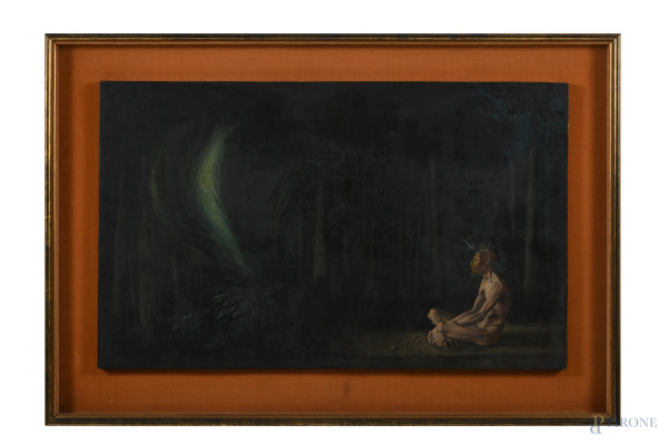 Romano Parmeggiani (Venezia, 1930 - Vicenza, 1992) , Figura nel bosco, olio su tavola, cm 53,5x87...