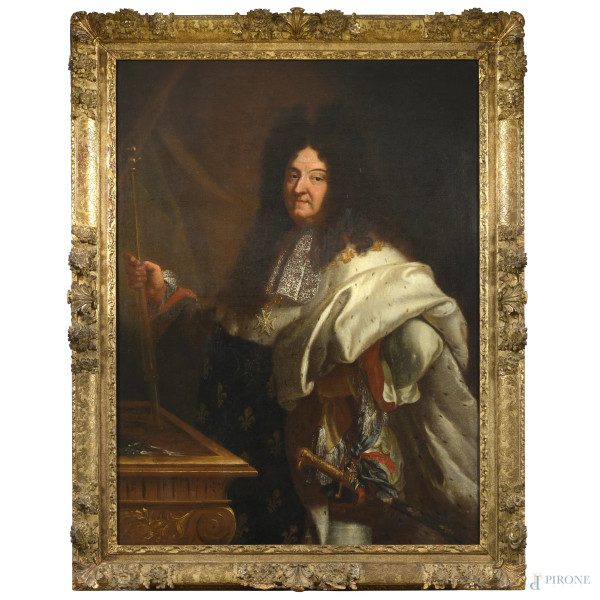 Ritratto di Luigi XIV da Hyacinthe Rigaud, XVIII-XIX secolo, olio su tela, cm 130x97, entro cornice, (lievi abrasioni, segni di usura, restauri)