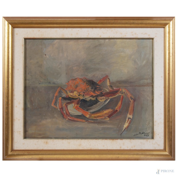 Aldo Pagliacci (1913-1991), Granseola, olio su tela, cm 51x66,5, firmato e datato in basso a destra, (sollevamenti di colore, lievi abrasioni e tracce di umidità)